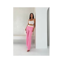 Gugus Kadın Gofre Beli Güpür Lastikli Wide Lege Yazlık Pantolon Pembe