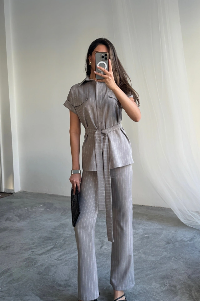 Amorluxe Çizgili Polyviskon Bluz - Pantolon Takım - Gri