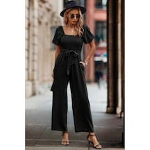 Butik İstanbul Kadın Kısa Kollu Kare Yakalı Göğsü Gipeli Belden Kuşaklı Uzun Janjan Tulum Siyah