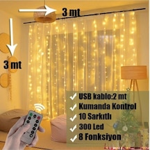Tel Peri Günışığı Perde Led 8 Animasyon Usb Girişli- Kumandalı Askı Aparatlı, 10 Saçaklı 3x3