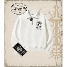 Tarzsokak Gotik & Grunge Streetwear Cat Retro 1 Yarım Fermuarlı Sweatshirt Beyaz