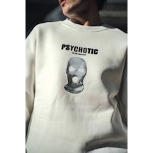 Erkek 3 İplik Pamuklu Kışlık Bisiklet Yaka Baskılı Sweatshirt - Beyaz