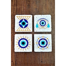Doğal Taş Bardak Altlığı 4'lü Set 10x10x1 Cm Nazar Boncuğu Desenli - Evileye Stone Coasters 352 Çok Renkli