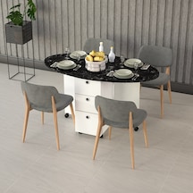 Asra Trend KM-07 %100 MDF 141x72 cm Katlanır Akıllı Mutfak Masası Tekerlekli Servis Masası 2 Çekmeceli Beyaz Royal Mermer