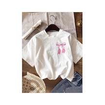 Herkesemoda Göğüs Kurdele Baskı Detaylı Basic T-shirt Beyaz