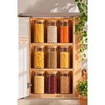 Porsima 3-3 Bambu Vakumlu Kapaklı Yuvarlak Borosilikat Cam 9lu Kavanoz Seti Saklama Kabı 1650ml 10x25cm Şeffaf