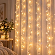 Peri 3x2 Metre Usb'li Kristal Boncuklu Dekoratif Led Işık Zinciri Sıcak Beyaz Perde Ve Oda Süsleme Işığı Diğer