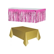 Plastik Gold Masa Örtüsü - Pembe Metalize Masa Eteği Püskülü