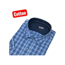 Slim Fit Ekose Pamuklu Kısa Kollu Cepsiz Gömlek Slim Fit Kalıp Mavi