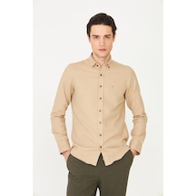 Krem Düğmeli Yaka Uzun Kollu Gömlek Slim Fit Camel