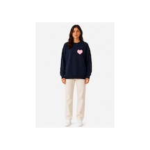 Herkesemoda Minimal Kalp Baskı Detaylı Şardonlu 2 İplik Bisiklet Yaka Sweatshirt Lacivert