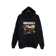 Demon Slayer Kyojuro Rengoku Baskılı Unisex %100 Pamuk Kapüşonlu Siyah Sweatshirt Siyah