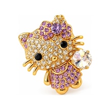 Kristal Taşlı Kedi Figürlü Broş Gold Renkli, Mor Ve Şeffaf Taş Detaylı, Şık Kadın Broş Lila - 923291458 Lila