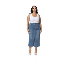 Disentis Büyük Beden Önden Yırtmaç Detaylı Beş Cepli Midi Denim Açık Mavi Etek-açık Mavi Açık Mavi