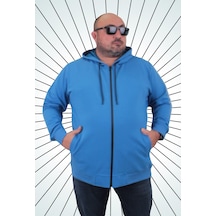 Moc Grande Mocgrande Büyük Beden Basic Mevsimlik Fermuarlı Kapüşonlu Sweat 22751 Saks-Saks Saks Mavi