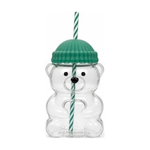 Orret Home 580 Ml Ayıcık Desenli Cam Bardak Pipetli Silikon Kapak Şeffaf Cam