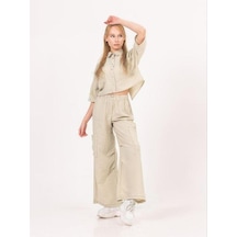 Kız Çocuk Gömlek Ceketli Bol Paça Pantolonlu Takım-13850 Bej Kız Çocuk Gömlek Ceketli Bol Paça Pantolonlu Takım-13850 Bej
