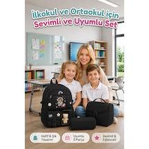 3'lü Kore Model Ortaokul Okul Çantası Kız Çocuk, Kız Çocuk Okul Çantası Beslenme Çantası Kalemlik Siyah