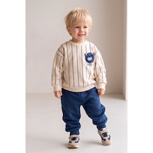 Babymod Erkek Bebek Ayıcık Figürlü Çizgili Krem Sweatshirt Ve Lavivert Alt Eşofman Takımı Lacivert