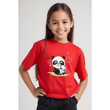Panios Kids Mother Panda Baskılı Kız Çocuk Kısa Kollu T-shirt Kırmızı