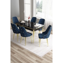 Canisa Tia Serisi 80x132 Açılabilir Siyah Mermer Desen Gold Detay Masa Takımı Ve 6 Lacivert Sandalye Masa Siyah Mermer Desen Sandalye Lacivert