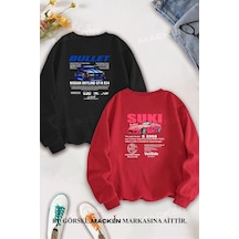 Macklin Sevgili Çift Kombin Hızlı Ve Öfkeli Bullet & Suki Sırt Baskılı Bisiklet Yaka Sweatshirt 2li Takım Siyah Kırmızı Mck1334 Çok Renkli