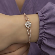 Alyans Evim Baget Taşlı Çiçek Motifli Rose Gümüş Kadın Bileklik