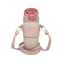Diller 360ml Moda Deri Kılıflı Pipetli Askılı Pastel Renkli Paslanmaz Çelik Termos Matara Pembe Açık Beyaz