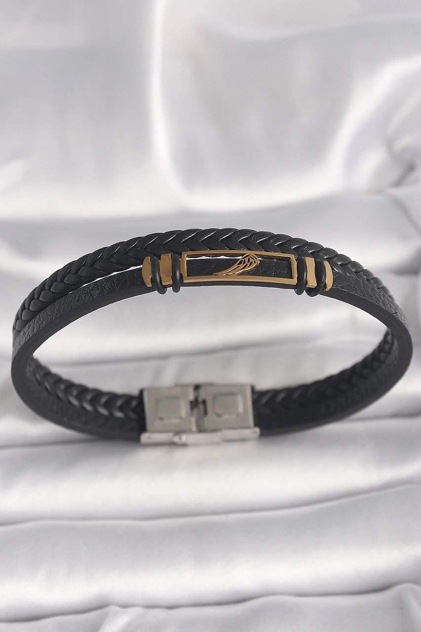 Dodes Dodes 316l Çelik Gold Renk Kanat Aksesuarlı Siyah Burgu Model Deri Kordon Erkek Bileklik Tg27e Çok Renkli