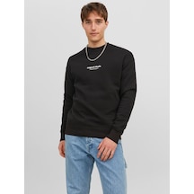 Jack & Jones Erkek Yazı Detaylı Bisiklet Yaka Sweatshirt - 12241694 Siyah