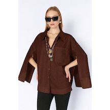 Manche Kol Detaylı Oversize Poplin Gömlek Mks1610113-1 - Kahve