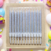 Doğum Günü Pasta Mumu Gümüş 12 Adet Simli Mum 10 Cm Kutlama Mumu