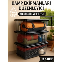 80 Lt Büyük Boy Saklama Kutusu Kapaklı Plastik Organizer Kamp Ekipmanları Depolama Kabı 3 Adet ŞEFFAF