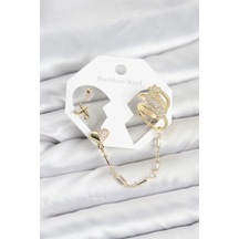 Ers Kalp Yıldız Model Pirinç Gold Renk Zincir Bağlantılı Ear Cuff Küpe Seti Tcxbkp11547 Çok Renkli