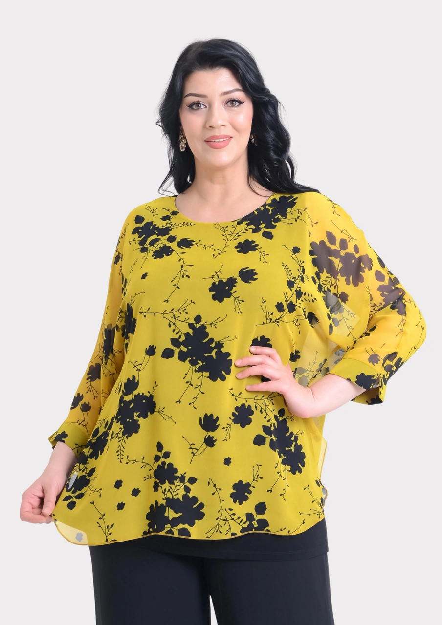 Lilas Xxl Büyük Beden Sarı Desenli Şifon Bluz Sarı