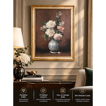Vintage Gold Çerçeveli Çiçek Tablo 60x80 Cm Dokulu Sanat Baskısı, Klasik Lüks Salon Ve Duvar Dekoru