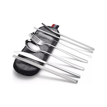 8 Parça Çantalı Yolculuk Çatal Bıçak Kaşık Pipet Chopstick Seti Kamp Okul Ofis Tatil Paslanmaz Çelik Metal Gümüş