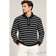 Erkek Çizgili Polo Yaka Triko Kazak Slim Fit Uzun Kollu Pamuk Akrilik Karışımlı Siyah