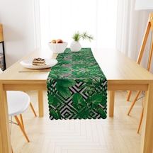 Yaprak Desenli Zigzag Zemin Yeşil Yapraklı Siyah Dijital Baskılı Petek Dokuma Runner 40x140