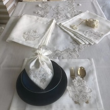 Sofra Takımı Mimoza Gardenya Keten Yemek Takımı 160x220 Masa Seti 12 Kişilik 26 Parça Runner Set Kreme Gold Çok Renkli