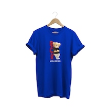 Sevimli Ayıcık Relax Ayı Tasarım Şık Baskılı %100 Pamuk Regular Fit Bisiklet Yaka Mavi T-shirt Mavi