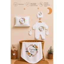 Pia Baby Kız Bebek Hastane Çıkışı Tulum Seti %100 Pamuk İsimli Organik Baskı Yastık Kılıfı Ve Battaniye 1118tyb3x Ekru
