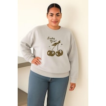 Benroma 3 İplik Penye Lucky Girl Baskılı Büyük Beden Unisex Sweatshırt Gri