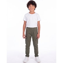 Onloox Erkek Haki Yeşil Erkek Çocuk Haki Yeşil Gabardin Dar Paça Regular Kesim Kargo Cepli Beli Lastikli Pantolon 7-9 Yaş