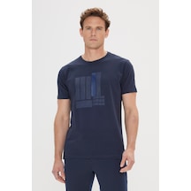AC&Co / Altınyıldız Classics Erkek Lacı Slim Fit Dar Kesim Pamuklu Esnek Baskılı Bisiklet Yaka Tişört Lacı Lacivert