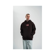 Erkek Nakışlı Kapüşonlu Oversize 3 İplik Pamuklu Sweatshirt Hoodie - Siyah Kahve