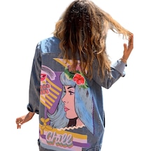 Pop Art Denim Ceket, Baskılı Kadın Kot Mont, Rahat Kalıplı Mavi M