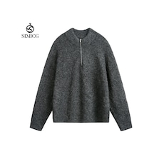 Erkekler İçin Yarım Fermuarlı Dik Yaka Kazak, Sonbahar Ve Kış İçin Kalın Ve Sıcak Örme Kazak Koyu Gri