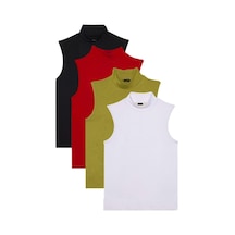 Tudors Kadın 4'lü Paket Siyah-kırmızı-yeşil-beyaz Regular Fit Viskon Kumaş Balıkçı Yaka Sıfır Kol Bluz-37612 Multi