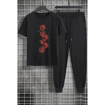 Uyguntarz Rahat Tasarım Unisex Rose 2'li Eşofman Takımı Siyah